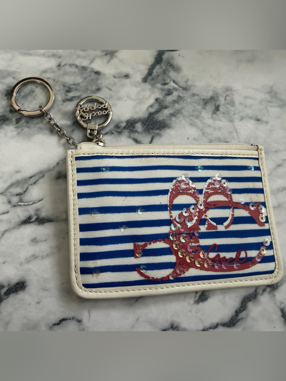 Coach POPPY RARE Blue & White Striped Card Holder WITH SEQUINS